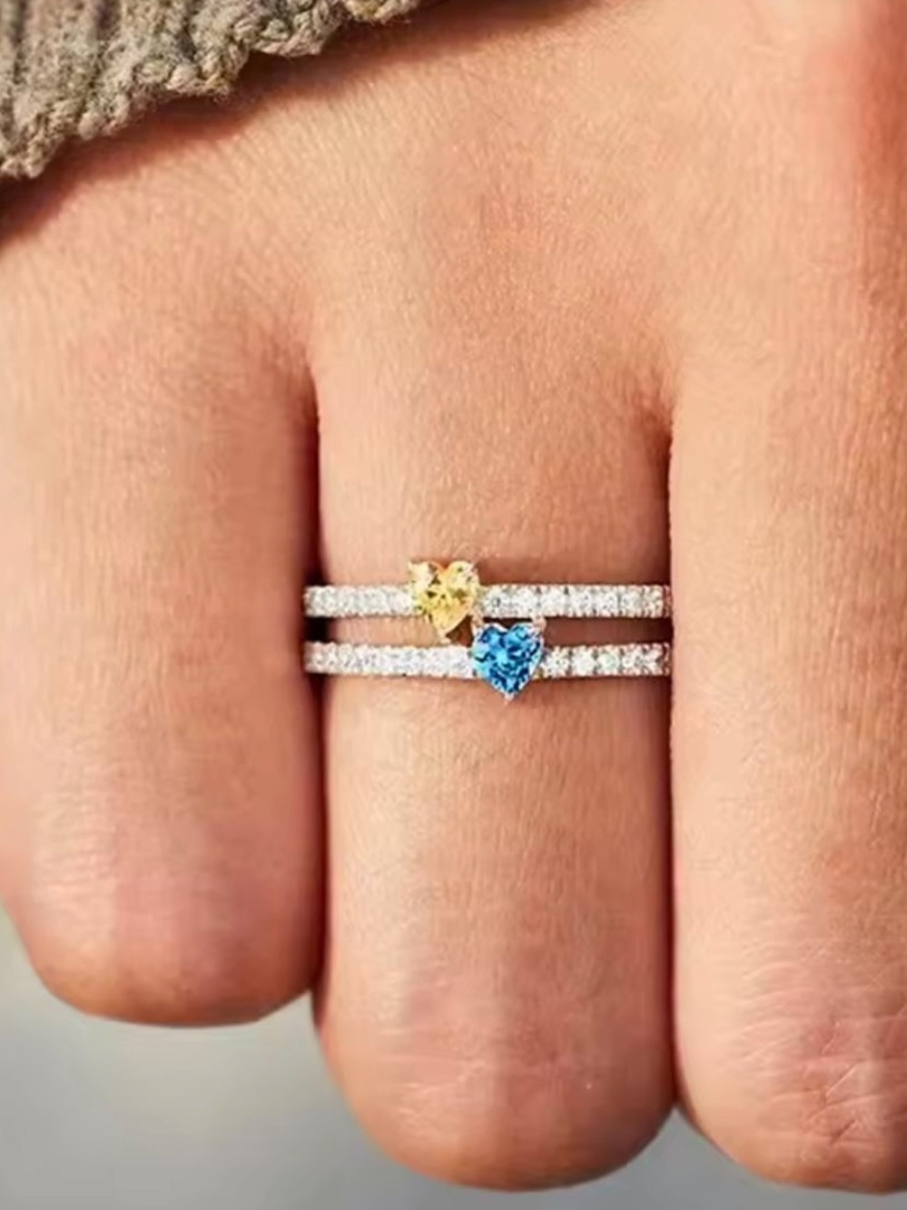 Delicate Two-Row Diamond Ring with Yellow and Blue Heart Stones - SIZE 8